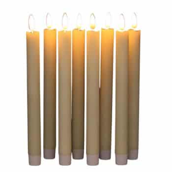 Eight lit taper candles standing upright in a row, creating a warm and inviting glow perfect for festive fall decor. The candles have a simple, classic design with a smooth surface and are all of equal height, casting soft light from their small flames.