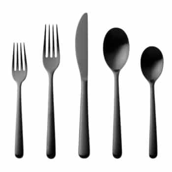 A set of five black cutlery utensils arranged in a row on a white background. From left to right, there is a salad fork, dinner fork, knife, soup spoon, and teaspoon. Each utensil has a sleek, minimalist design.