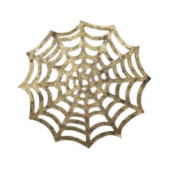 A golden spiderweb-shaped decorative ornament with a symmetrical and intricate design, featuring multiple radial lines connected by concentric circles. The ornament appears aged, with a slightly tarnished and rustic finish.