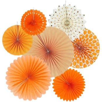 An arrangement of decorative paper fans in various sizes and shades of orange and white, perfect for festive fall decor. Some fans are solid-colored, while others boast patterns like polka dots and stripes. The fans are displayed against a plain white background.