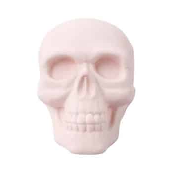 A white, three-dimensional skull sculpture with detailed features, including hollow eye sockets, a nose cavity, and visible teeth, set against a plain white background. The skull has a smooth, polished surface.