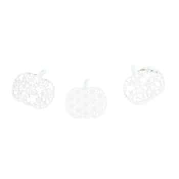 Three white pumpkin-shaped decor pieces with intricate, floral lattice patterns on a white background. The pumpkins are arranged in a straight horizontal line.