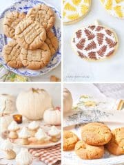 A collage of four images displays a variety of autumn cookies and treats. The top left shows a plate of cookies with crisscross patterns, the top right features pumpkin-shaped cookies with leaf decorations, the bottom left shows meringue cookies, and the bottom right presents round cookies on a plate.