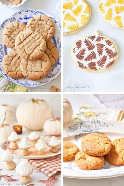 A collage of four images displays a variety of autumn cookies and treats. The top left shows a plate of cookies with crisscross patterns, the top right features pumpkin-shaped cookies with leaf decorations, the bottom left shows meringue cookies, and the bottom right presents round cookies on a plate.