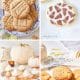 A collage of four images displays a variety of autumn cookies and treats. The top left shows a plate of cookies with crisscross patterns, the top right features pumpkin-shaped cookies with leaf decorations, the bottom left shows meringue cookies, and the bottom right presents round cookies on a plate.