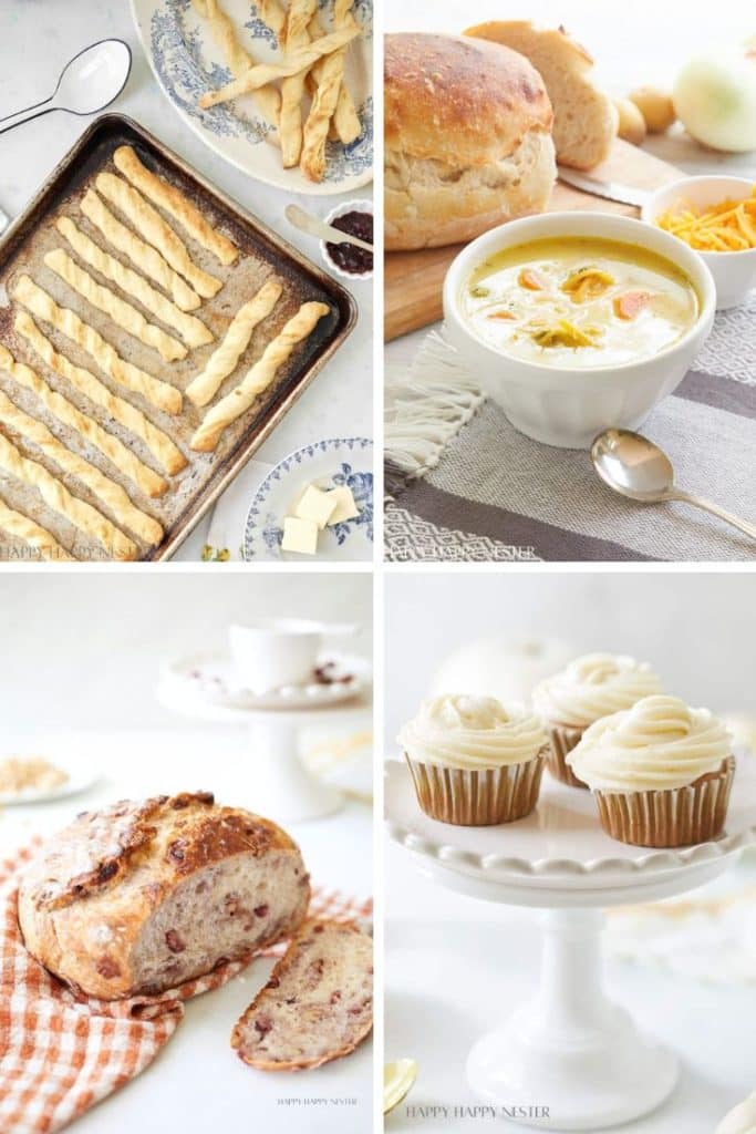 A collage of four images featuring baked goods and a soup, perfect for autumn recipes. Top left: twisted breadsticks on a baking tray. Top right: bread loaf and bowl of soup. Bottom left: sliced artisanal bread. Bottom right: cupcakes with white frosting on a cake stand.