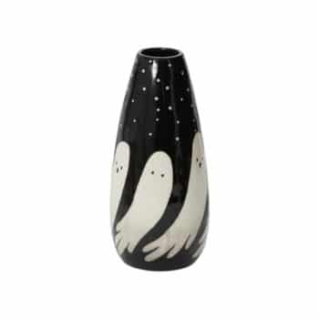 Tall, black ceramic vase featuring a whimsical design of white ghost-like figures with small dot eyes and wavy arms. The ghosts appear to be floating around the vase among tiny white stars.