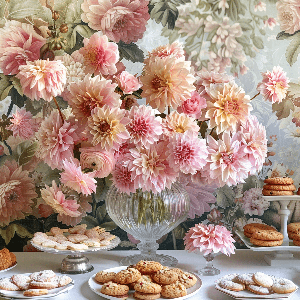 A decorative table is adorned with a large bouquet of pink dahlias and roses in a glass vase. Surrounding the vase are various plates of cookies and pastries. The backdrop is a floral-patterned wallpaper, complementing the flower arrangement.