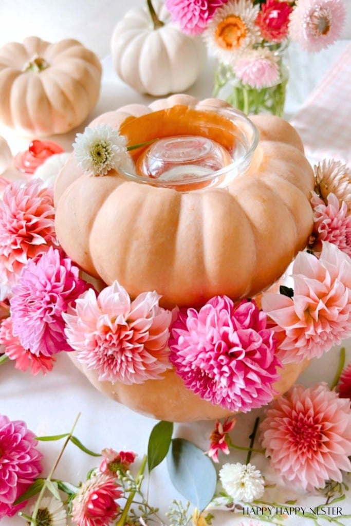 A pumpkin is used as a vase, filled with a glass jar and adorned with vibrant pink and white flowers. Surrounding the central arrangement are additional pumpkins and more colorful flowers. The scene is bright and festive, conveying an autumnal or celebratory ambiance.