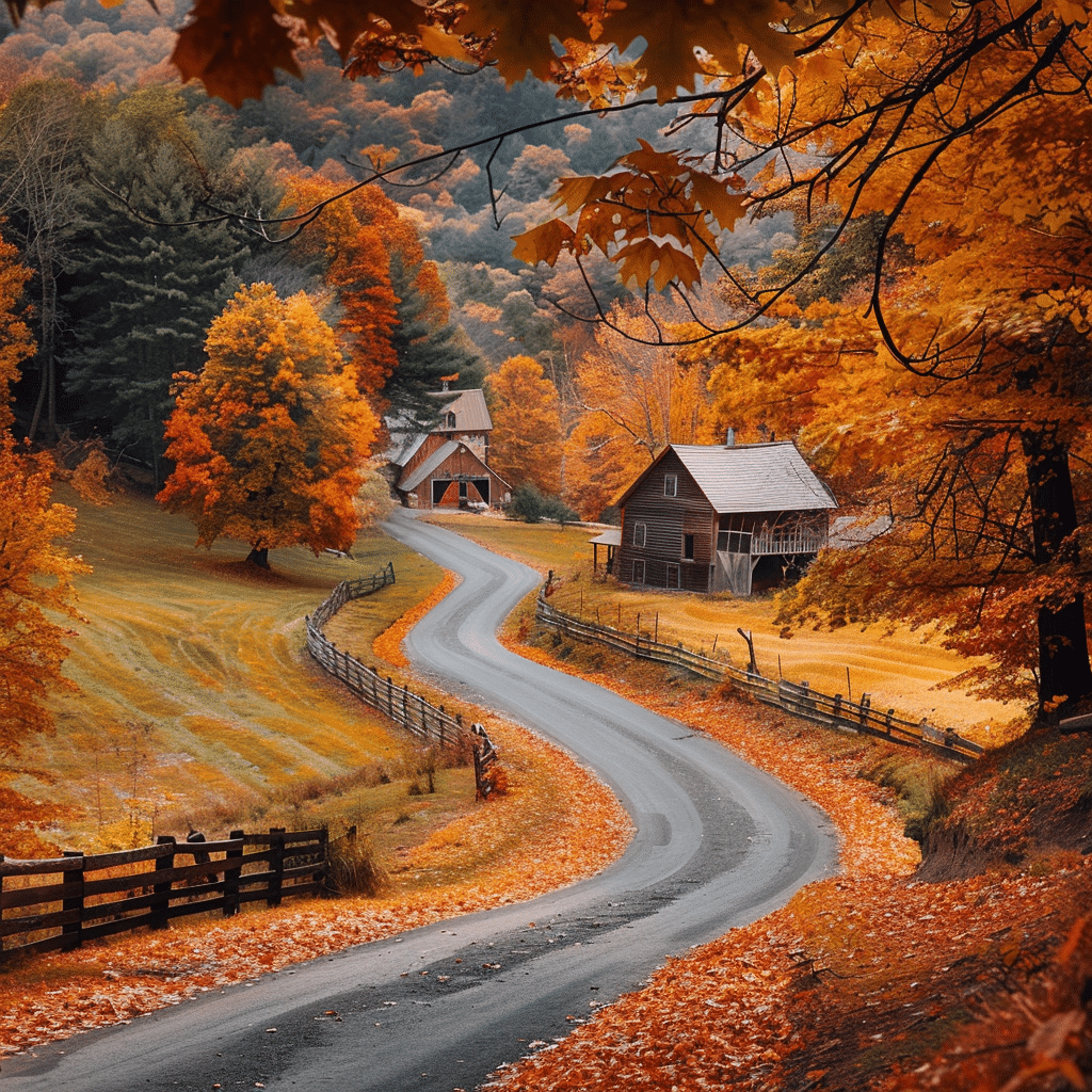 A winding road curves through a picturesque autumn landscape with vibrant fall foliage, offering inspiration for fall decor ideas. Colorful trees surround a wooden barn and a small house on either side of the road. The scene is filled with oranges, reds, and yellows, creating a warm and inviting atmosphere.