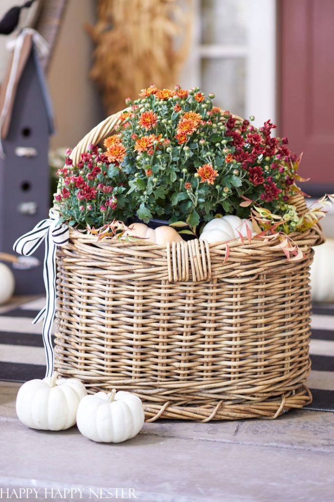 A large woven basket filled with vibrant orange and burgundy flowers, accompanied by small white pumpkins, sits on a porch. The basket has a black and white striped ribbon tied to its handle. Two additional small white pumpkins are placed near the base, offering charming fall decor ideas.