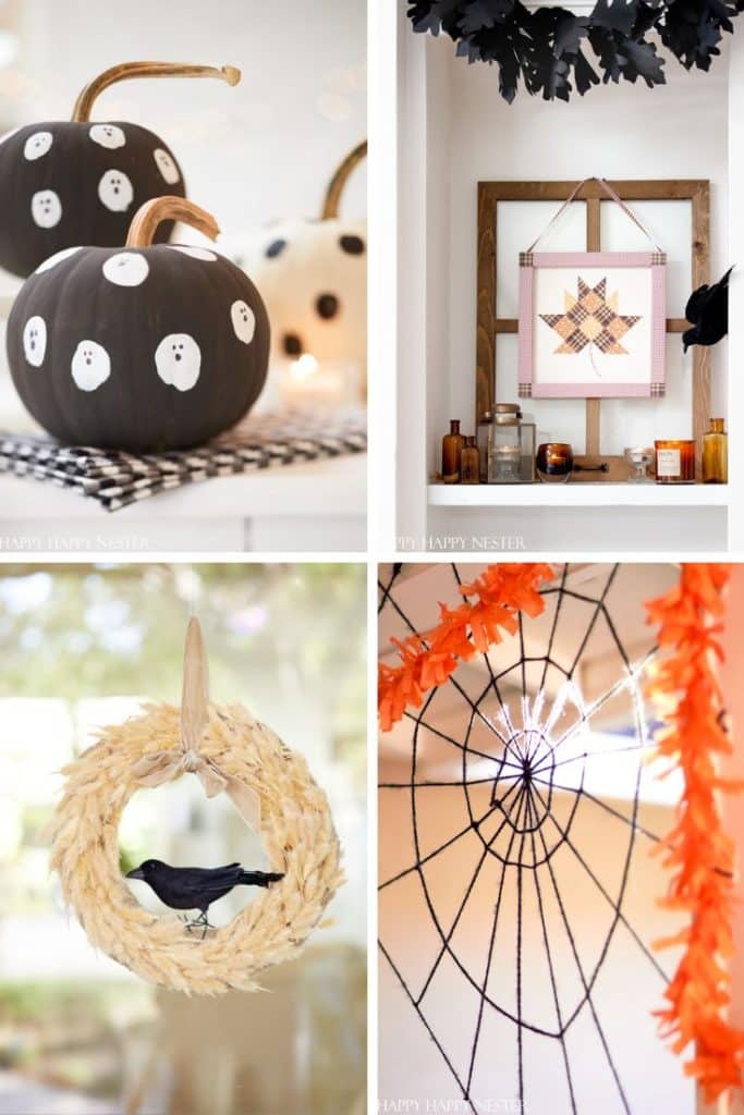 A collage of four festive fall decor items: black pumpkins with white spots, a framed quilt pattern, a wreath made of light-colored materials with a small black bird, and an orange and black spiderweb decoration with bright lights.