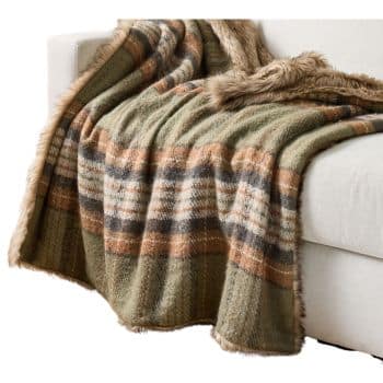 A cozy plaid blanket with green, brown, and beige stripes, accented with a fluffy fur trim, is draped over a light-colored sofa. The blanket's soft texture and earthy tones create a warm, inviting atmosphere.