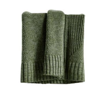 A folded olive green knitted sweater with ribbed cuffs and a thick, cozy texture. The sweater is neatly arranged, with both sleeves folded neatly on top, showing off its intricate knit pattern.