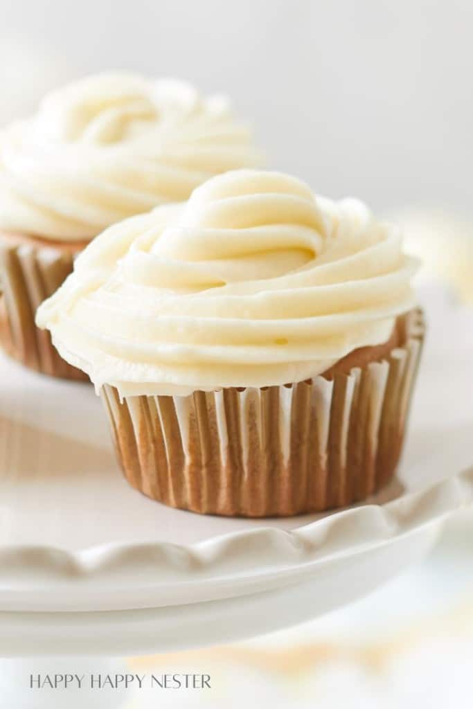 Close-up of two cupcakes on a white plate with swirled white frosting. The cupcakes are in brown paper liners. The background is softly blurred, keeping the focus on the cupcakes.