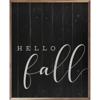 A rustic blackboard sign with a wooden frame displaying the words "Hello Fall" in stylish white lettering.