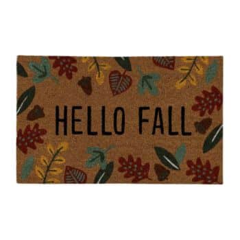 Doormat with "Hello Fall" text. Surrounded by colorful autumn leaves in shades of red, green, and yellow on a brown background.