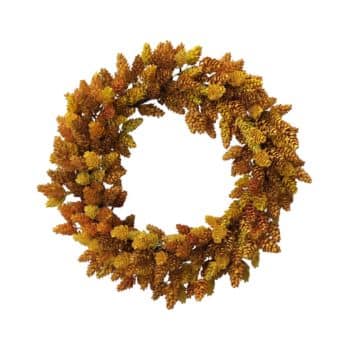 A round autumn wreath made of pine cones with golden and orange hues, arranged in a dense, circular pattern, set against a white background.