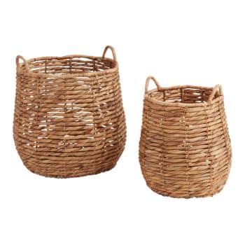 Two wicker baskets of different sizes, both with handles on either side. The baskets have a natural, woven appearance and are placed side by side against a white background.