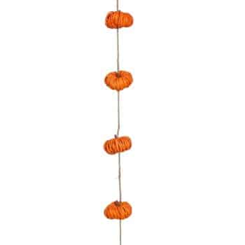 Vertical string with four small orange pumpkins evenly spaced along it, displayed against a white background.