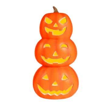 Three stacked jack-o'-lanterns with glowing yellow eyes and mouths, each featuring a unique carved face. Perfect as front door decor for fall, the top has a mischievous look, the middle smiles, and the bottom sports a wide grin.