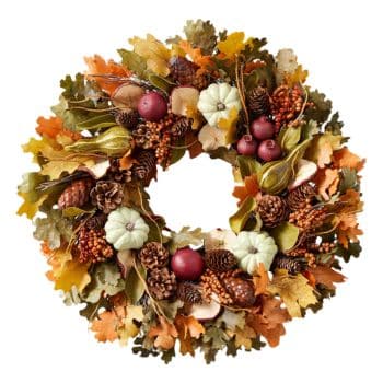 A decorative autumn wreath featuring leaves in shades of orange, yellow, and green, adorned with small pumpkins, pinecones, berries, and red apples.