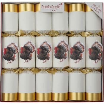 A box of six festive crackers featuring illustrations of turkeys with gold and white decorative ends. The label reads "Robin Reed" and notes them as "luxury Christmas crackers.