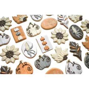 An assortment of decorated cookies featuring fall-themed designs, including pumpkins, sunflowers, corn, and leaves in shades of orange, white, brown, and gray. Some cookies have "thankful" written on them.