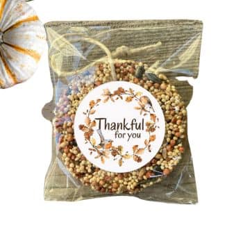 A packaged birdseed wreath with a decorative label reading "Thankful for you," featuring autumn leaves and birds. The transparent bag is set against a wooden surface, with part of a small white pumpkin visible on the left.