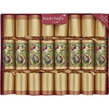 A box of 12 Robin Reed Christmas crackers with gold ends and colorful designs featuring festive motifs.