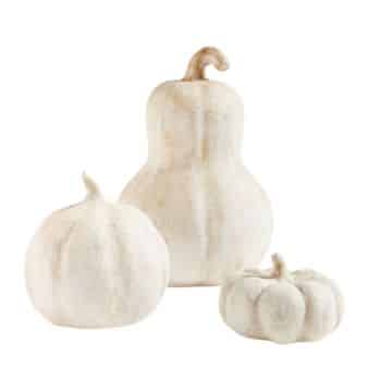 Three white, decorative pumpkins of varying sizes. The tallest has a curved stem, the medium one is rounder, and the smallest is squat with a short stem. They have a matte, textured finish.