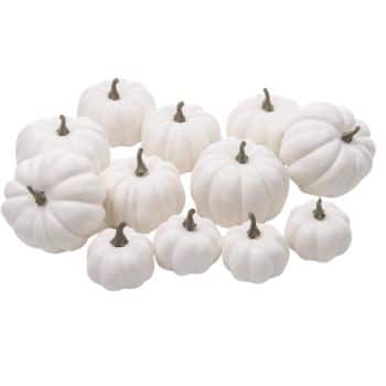 A collection of small, white pumpkins with dark stems is arranged on a white background. Perfect for easy pumpkin crafts, these pumpkins vary in size, creating a harmonious display with a clean and minimalist aesthetic.