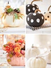 A collage of four easy pumpkin crafts: one adorned with succulents and wheat, a black pumpkin with white polka dots, a peach one embellished with orange flowers, and a glittery white pumpkin. They're set against a soft, warm background.