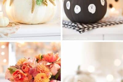 A collage of four easy pumpkin crafts: one adorned with succulents and wheat, a black pumpkin with white polka dots, a peach one embellished with orange flowers, and a glittery white pumpkin. They're set against a soft, warm background.