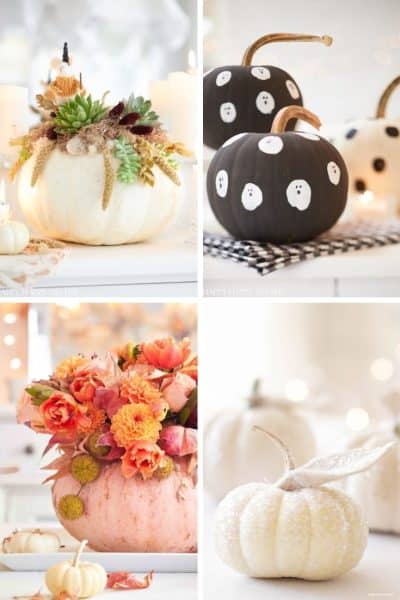 A collage of four easy pumpkin crafts: one adorned with succulents and wheat, a black pumpkin with white polka dots, a peach one embellished with orange flowers, and a glittery white pumpkin. They're set against a soft, warm background.