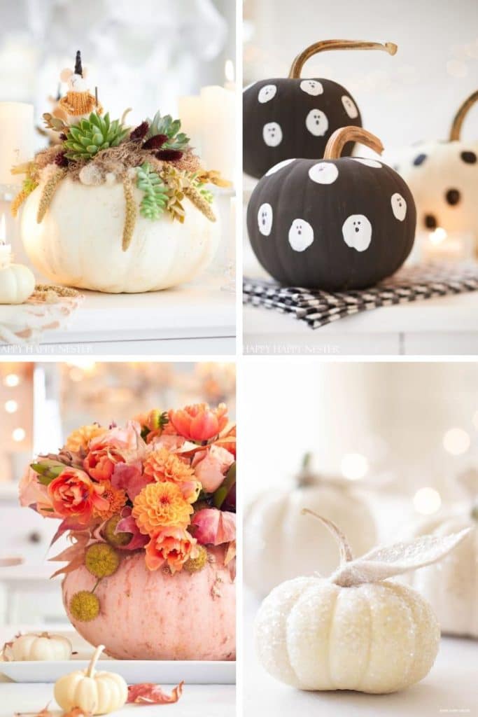 A collage of four easy pumpkin crafts: one adorned with succulents and wheat, a black pumpkin with white polka dots, a peach one embellished with orange flowers, and a glittery white pumpkin. They're set against a soft, warm background.