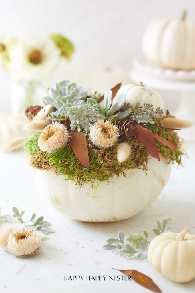 Autumn floral arrangement in a white pumpkin vase, featuring succulents, dried flowers, pinecones, and moss, set on a white surface. In the background, blurred pumpkins and flowers are visible.