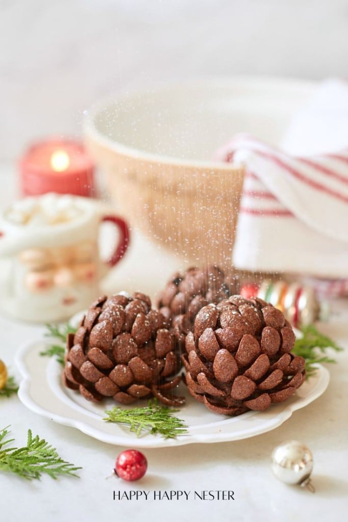 Festive pinecone brownies on a plate, garnished with evergreen sprigs, bring the holiday spirit to life. A cozy backdrop includes a mug of hot chocolate with marshmallows, a candle, a striped napkin, and Christmas ornaments. A dusting of powdered sugar adds a wintry touch to this delightful scene.