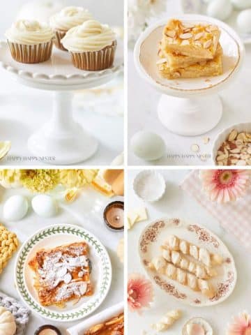 A collage of fall dessert recipes: top left shows cupcakes with cream frosting, top right features an almond-topped pastry, bottom left displays a slice of cake with almonds, and bottom right shows twisted cookies on a patterned plate. Flowers and eggs are decoratively placed.