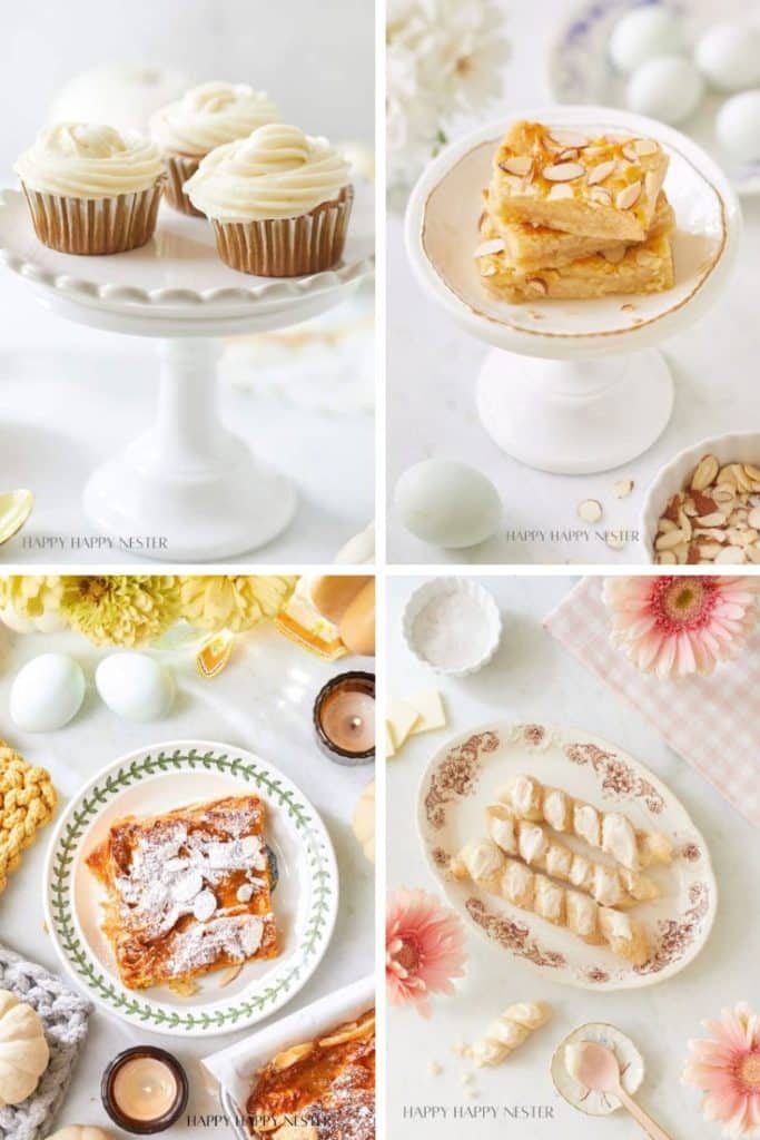 A collage of fall dessert recipes: top left shows cupcakes with cream frosting, top right features an almond-topped pastry, bottom left displays a slice of cake with almonds, and bottom right shows twisted cookies on a patterned plate. Flowers and eggs are decoratively placed.