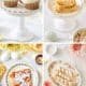 A collage of fall dessert recipes: top left shows cupcakes with cream frosting, top right features an almond-topped pastry, bottom left displays a slice of cake with almonds, and bottom right shows twisted cookies on a patterned plate. Flowers and eggs are decoratively placed.