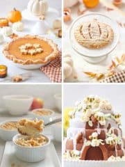 A collage of fall pies and cakes showcases four desserts: a pumpkin pie with leaf crust decorations, a glazed lattice pie on a cake stand, a spoonful of apple crisp in a ramekin, and a bundt cake adorned with icing and candy corn. Pumpkins and autumn decor surround the dishes.