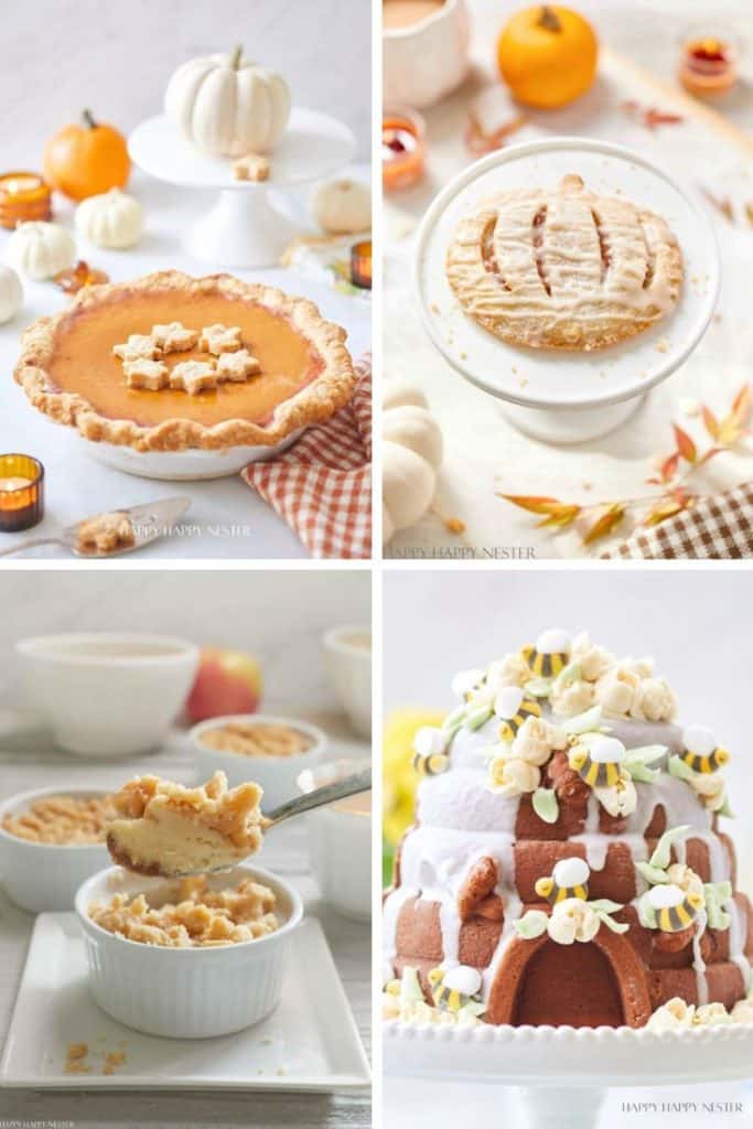 A collage of fall pies and cakes showcases four desserts: a pumpkin pie with leaf crust decorations, a glazed lattice pie on a cake stand, a spoonful of apple crisp in a ramekin, and a bundt cake adorned with icing and candy corn. Pumpkins and autumn decor surround the dishes.