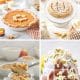 A collage of fall pies and cakes showcases four desserts: a pumpkin pie with leaf crust decorations, a glazed lattice pie on a cake stand, a spoonful of apple crisp in a ramekin, and a bundt cake adorned with icing and candy corn. Pumpkins and autumn decor surround the dishes.