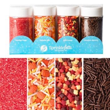 Four jars of sprinkles are showcased with a close-up of red sugar crystals, orange-white-yellow shapes, autumn leaf shapes, and chocolate sprinkles. The "Sprinklefetti" label makes them perfect for your Fall Dessert Recipes.