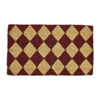 A rectangular doormat with a repeating diamond pattern in alternating burgundy and beige colors. The texture appears coarse, typically used for wiping shoes. The simplistic design makes it suitable for various entryways.