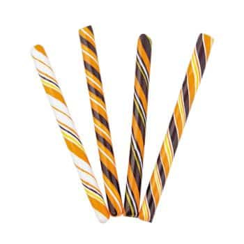 Four candy sticks with orange, brown, white, and yellow stripes are arranged in a fan shape against a white background, making them perfect Halloween treats for kids.