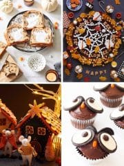 A collage of Halloween-themed desserts for kids: toast with ghost spreads, a Halloween-decorated chocolate cake with cookies and candies, a gingerbread house with mice figurines, and owl-shaped cupcakes with chocolate and cream accents—perfect Halloween treats for kids.