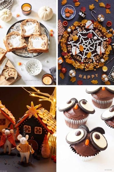 A collage of Halloween-themed desserts for kids: toast with ghost spreads, a Halloween-decorated chocolate cake with cookies and candies, a gingerbread house with mice figurines, and owl-shaped cupcakes with chocolate and cream accents—perfect Halloween treats for kids.