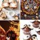 A collage of Halloween-themed desserts for kids: toast with ghost spreads, a Halloween-decorated chocolate cake with cookies and candies, a gingerbread house with mice figurines, and owl-shaped cupcakes with chocolate and cream accents—perfect Halloween treats for kids.